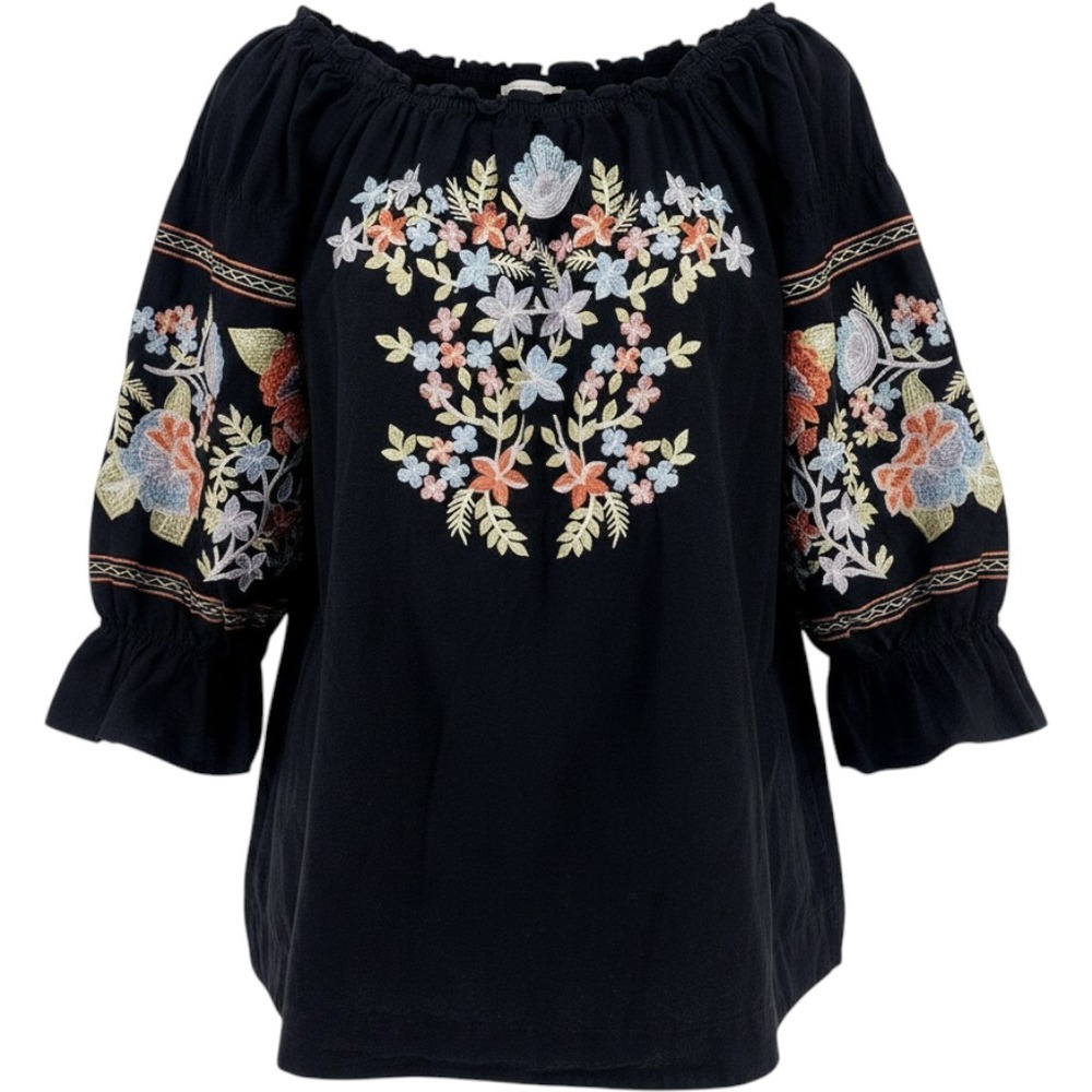 Free People Embroidered Off Shoulder Tunic Mini Dress Small Black Floral Peasant